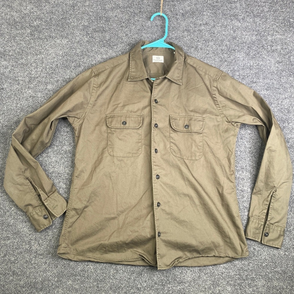 Beams Heart Mens Utility Button Up Shirt Olive Green Cotton Twill Size M